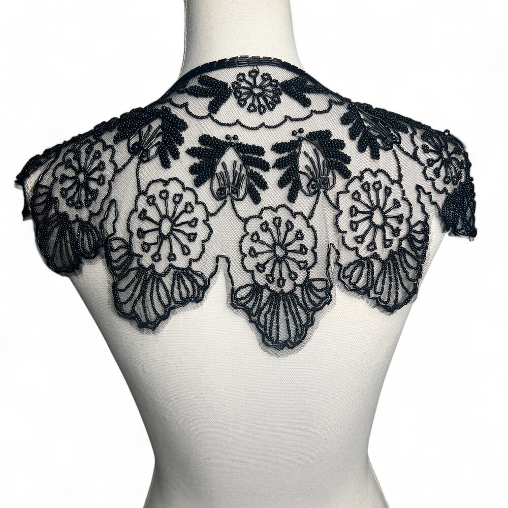 Vintage 90s Beaded Shawl Collar Scallop Black Daisy Western Wrap Rodeo Showgirl